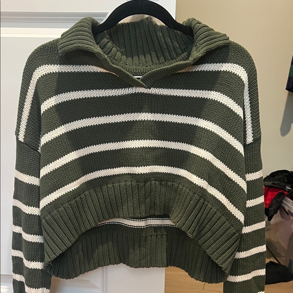 Striped Turtleneck Sweater - Green and White